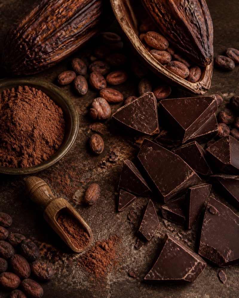 Cacao, fèves et chocolat noir brut