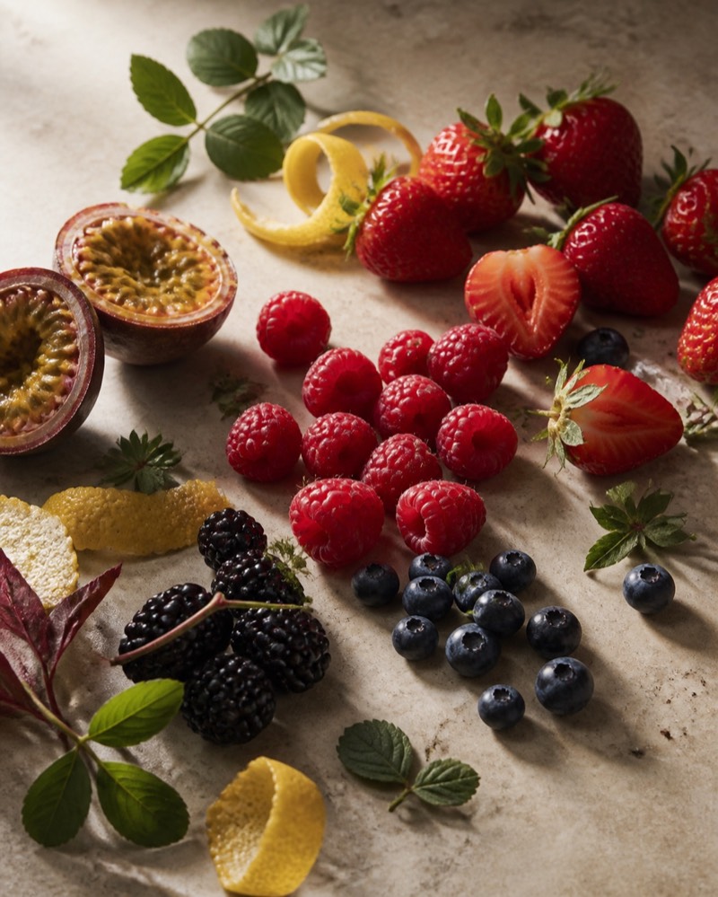 Fraises, framboises, mûres, myrtilles et fruits de la passion