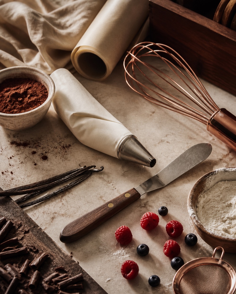 Ingrédients et ustensiles dans l’atelier de pâtisserie Julien Lambert